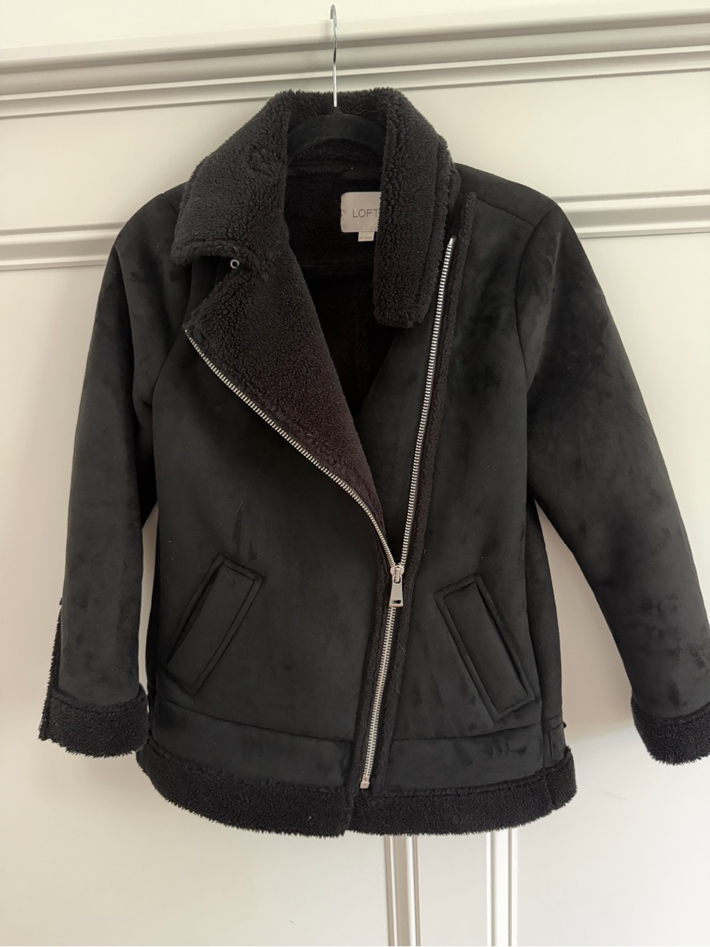 Loft Black Faux-Suede Sherpa Lined Moto Jacket XS petite